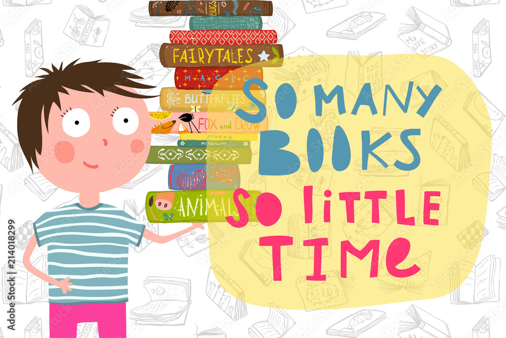 Fototapeta premium Happy smiling cartoon kid with pile of books. Vector illustration.