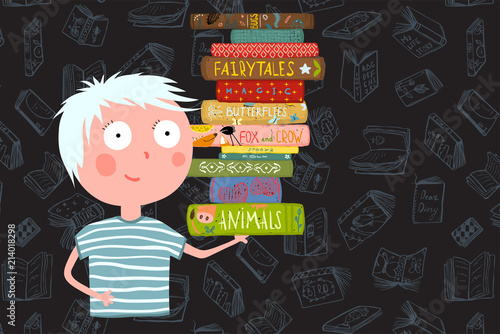 Childish library design with kid reading books. Vector illustration.