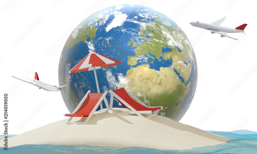 island sand beach chairs with globe and planes. elements of this image furnished by NASA 3d-illustration