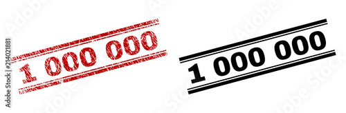 1 000 000 stamp seal print with red grunge and clean black version. Red vector rubber print of 1 000 000 text with dirty texture. Titles are placed between double parallel lines.