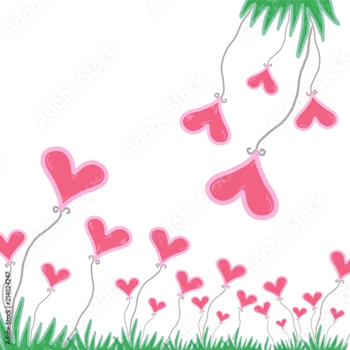 Pink heart with green grass on white background, Background for banner, Valentine Day design, Love concept, greeting card, postcard, wedding invitation, Balloon shaped like a heart © Dark Caramel