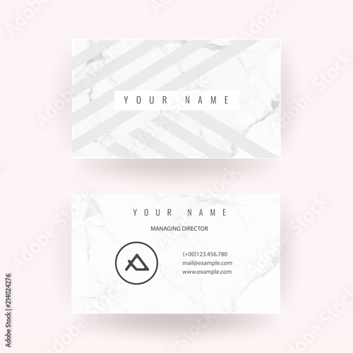 Luxury business card with marble texture and geometric line and golden background vector template.