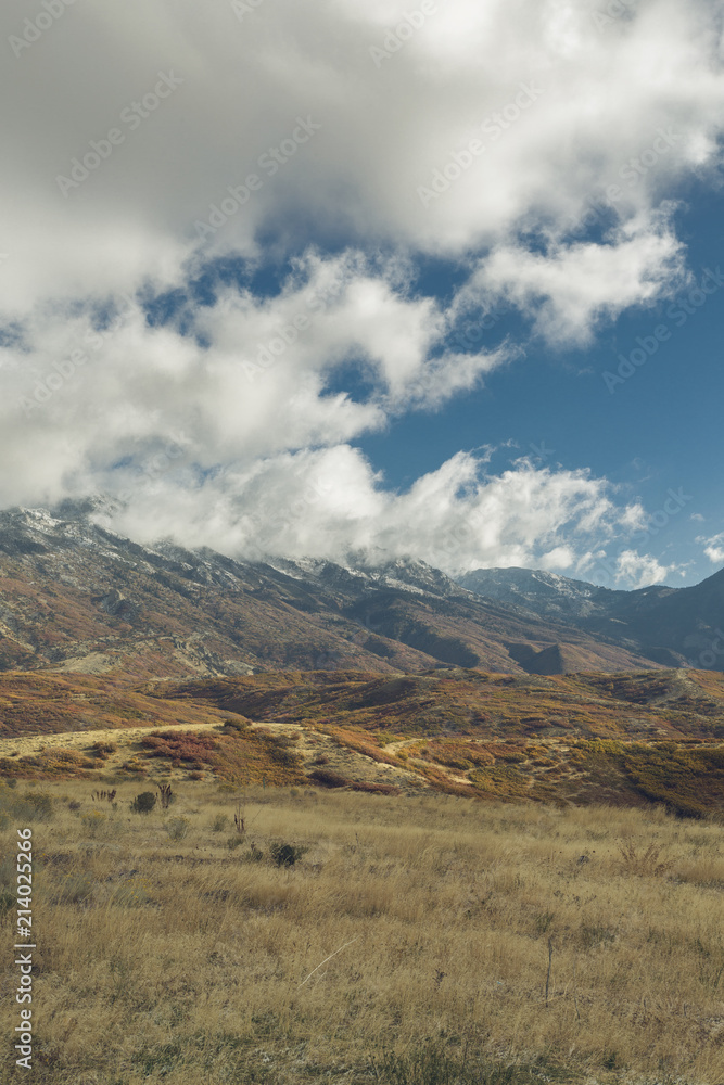 Overview of valley with mountains on background. Fall colors.