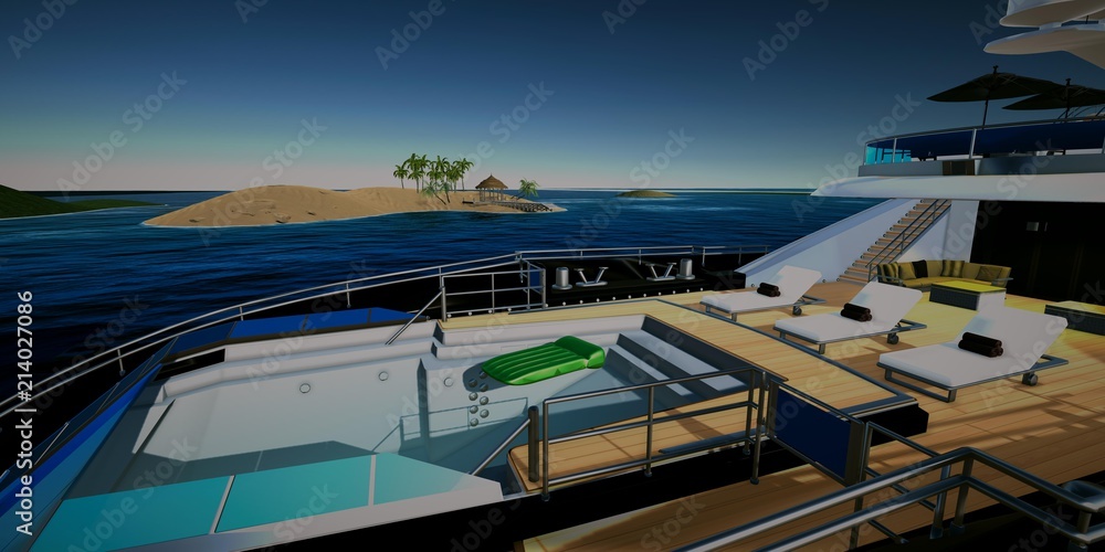 Extremely detailed and realistic high resolution 3D illustration of luxury Super Yacht approachting Tropcial Islands with Palms