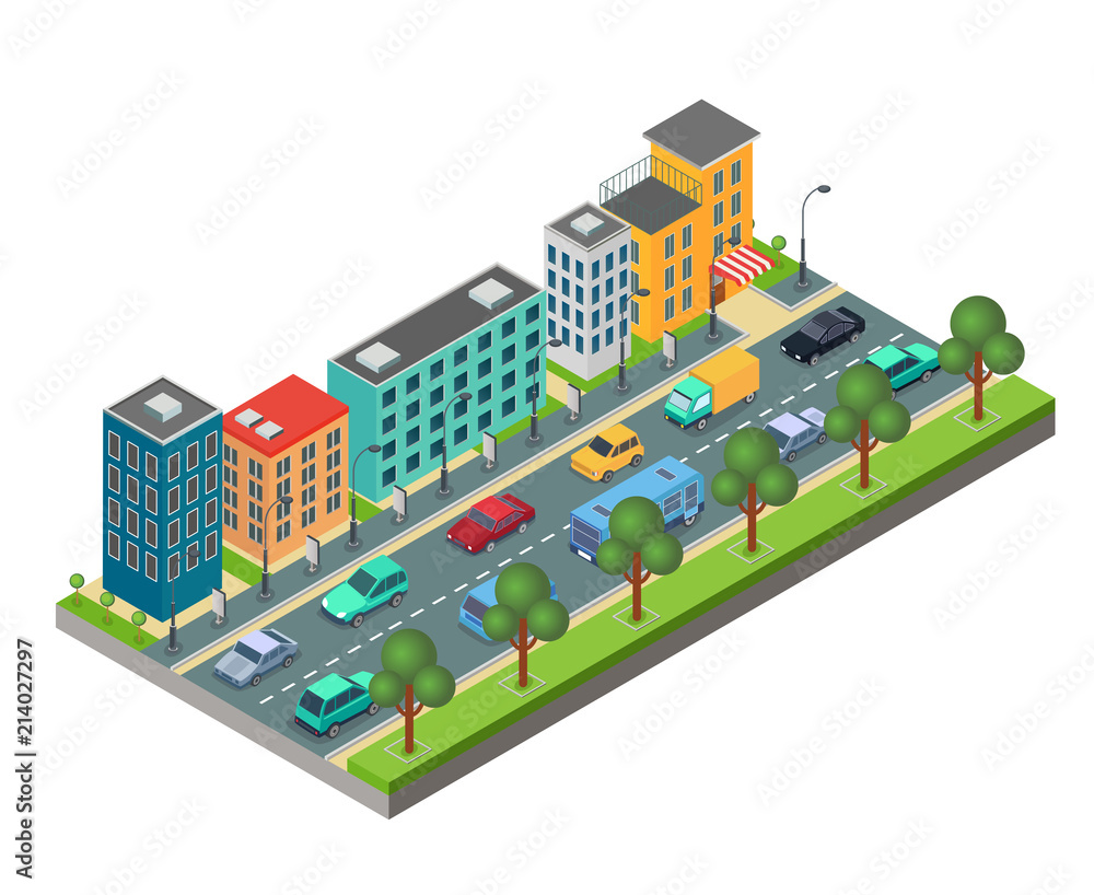 Isometric element of city road with buildings and cars in traffic jam isolated on white background.