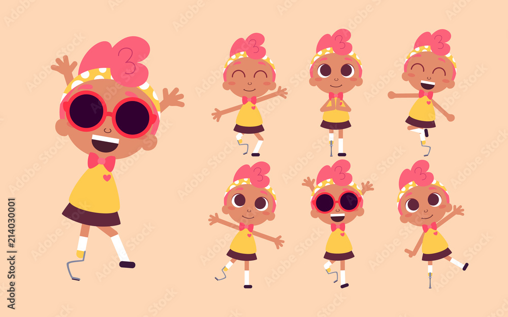 Fototapeta premium Vector illustration of a cute girl, character design set. Dark skin beauty with pink hair. Cartoon art. Alternatively able. Children with special needs. Prosthetic appliance