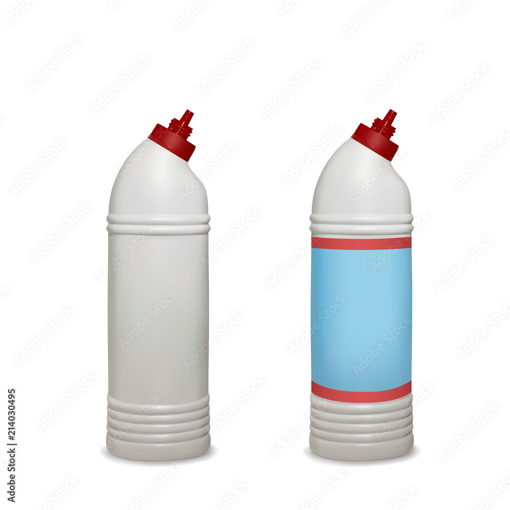Toilet cleaner vector illustration of white plastic bottle package for bathroom sanitizing or household chemical product. Isolated closeup of mockup blank model with label template for branding Toilet cleaner vector illustration of white plastic bottle package for bathroom sanitizing or household chemical product. Isolated closeup of mockup blank model with label template for branding