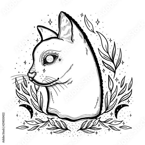 Sketch graphic illustration cat with mystic and occult hand drawn symbols. Vector illustration. Astrological and esoteric concept. Vintage Hands with Old Fashion Tattoos.