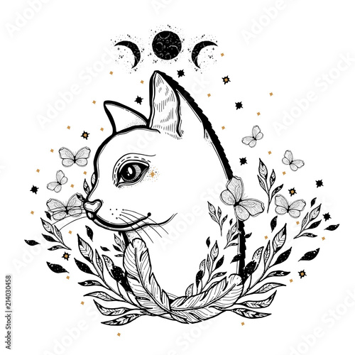 Sketch graphic illustration cat with mystic and occult hand drawn symbols. Vector illustration. Astrological and esoteric concept. Vintage Hands with Old Fashion Tattoos.
