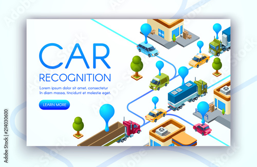 Car recognition technology vector illustration of vehicle registration plates and traffic speed control. Location tracking radars and road rule violation cameras of police monitoring system