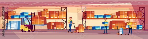 Warehouse workers vector illustration of logistics storage room with goods on shelf and men loading box parcels in forklift loader or pallet truck on cartoon background.