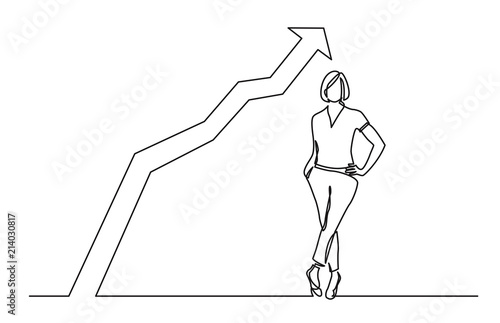 continuous line drawing of confident woman standing with rising graph