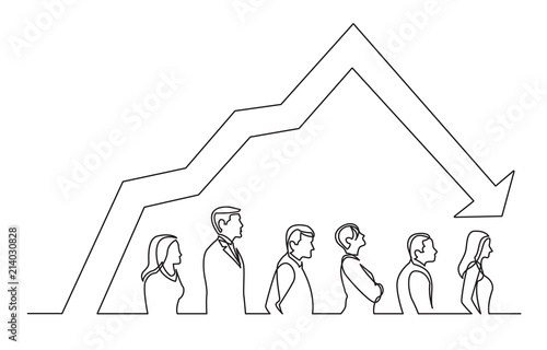 continuous line drawing of people standing in line with decreasing graph