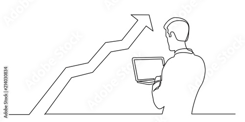 continuous line drawing of man watching laptop computer at increasing graph