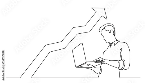 continuous line drawing of man watching laptop computer increasing graph