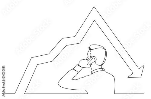 continuous line drawing of man talking on mobile pnone about decreasing graph