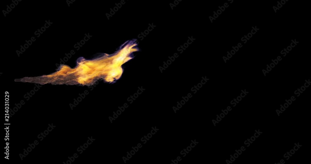 Animated realistic stream of fire like flamethrower shot or fire-breathing dragon's flames. Clip with alpha channel.