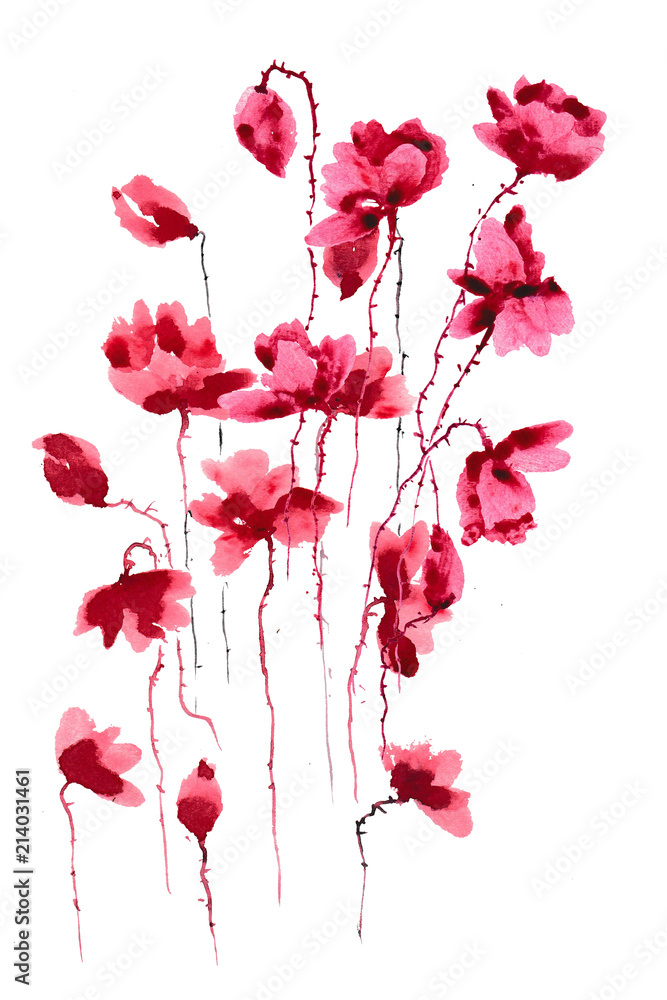 Red stylized watercolor poppies on white background, hand painted