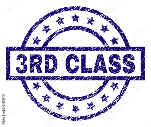 3RD CLASS stamp seal watermark with distress texture. Designed with rectangle, circles and stars. Blue vector rubber print of 3RD CLASS label with dust texture.