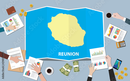 reunion africa economy country growth nation team discuss with fold maps view from top