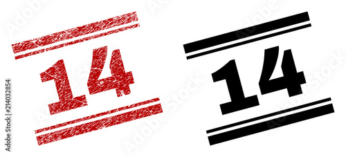 14 stamp seal print with red grunge and clean black version. Red vector rubber print of 14 caption with retro texture. Captions are placed between double parallel lines.