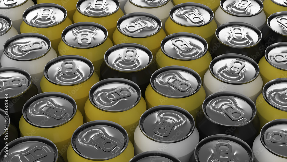 Big black, white and yellow soda cans on white background Big black, white and yellow soda cans on white background