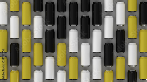 Raws of black  white and yellow soda cans