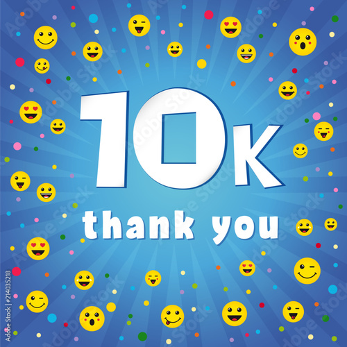 Thank you 10000k followers. Congratulating online thanks, image for net friends, customers 10 000 likes. Isolated sign, graphic elements. Blue colour background, white paper text. 10 % percent off.