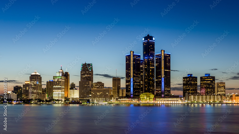 Detroit Michigan skyline at dusk shot from Windsor Ontario Stock