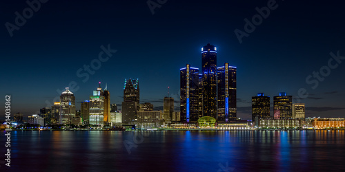 Detroit, Michigan skyline at night shot from Windsor, Ontario photo