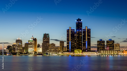 Detroit, Michigan skyline at dusk shot from Windsor, Ontario