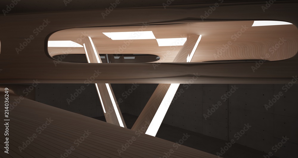 Empty dark abstract concrete and wood smooth interior. Architectural background. 3D illustration and rendering