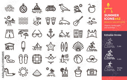 Summer icons, Beach Vacations. Objects landscapes and activities. Vector thin line illustration with Editable Stroke, easily editable. Seasonal, holiday, vacation, traveling.