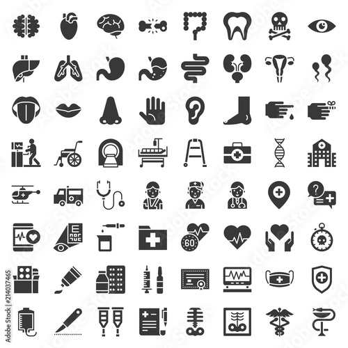 Hospital, health care and pharmaceutical related icon such as organ, certificate, x-ray film, bone fraction, doctor, injection, medicine bottle, presciption, and eye test, solid icon