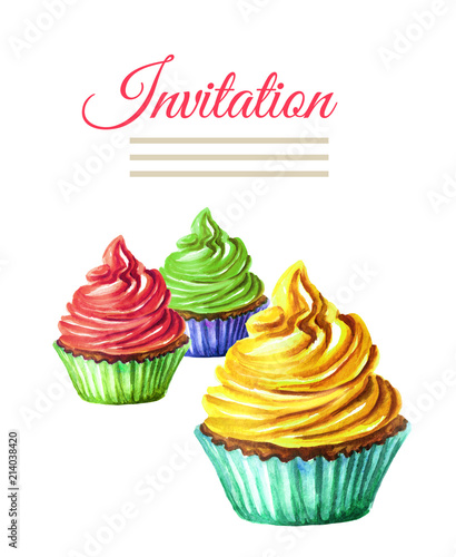 Invitation birthday or wedding card. Cake. Watercolor hand drawn illustration   isolated on white background
