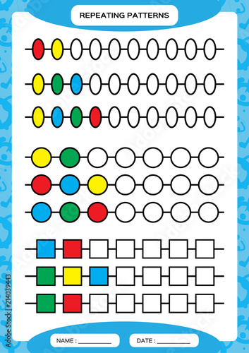 Complete repeating patterns. Worksheet for preschool kids. Practicing motor skills, improving skills tasks. Complete the pattern. Color beads. Blue background. Square, circle, oval.