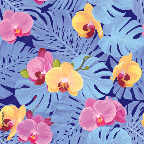 Fototapeta Naklejka Na Ścianę i Meble -  Seamless pattern of orchid flower and tropical leaves on black background. Vector set of exotic tropical garden for holiday invitations, greeting card and fashion design.