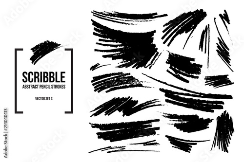 Vector collection of abstract scribble brush strokes and smears isolated on white background. Handsketched design elements, various shapes made by real graphite pencil. Swatch, sample template.