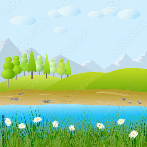 Vector cute flat landscape with mountain  forest lake and clouds illustration.