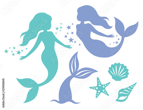 Fotografiet Silhouette of swimming mermaids, mermaid tail, shells and starfish vector illustration