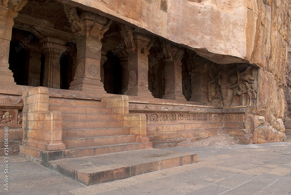 Cave 3: Entrance. Pillared verandah or facade. Badami Caves, Karnataka. It is 70 feet, 21 m, in length with an interior width of 65 feet, 20 m.