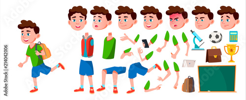 Boy Schoolboy Kid Vector. Primary School Child. Animation Creation Set. Elementary. Auditorium. Room, Book. For Card, Advertisement, Greeting Design. Face Emotions, Gestures. Animated. Illustration