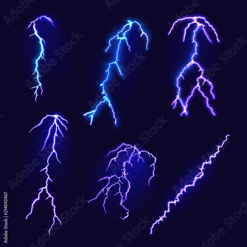 Set of lightnings. Realistic lightning on dark background. Vector illustration