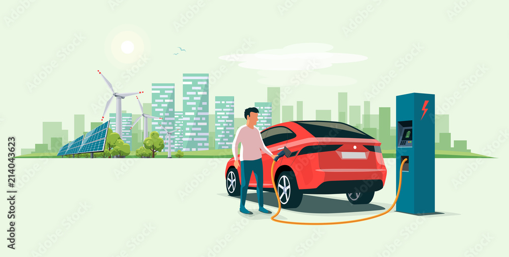 Modern electric suv car charging at the charger station with a young man holding the cable. Wind turbines and solar panels with urban landscape in background. Flat vector illustration concept. 