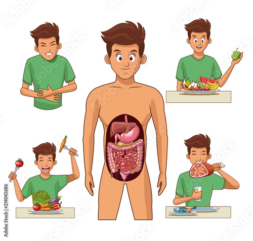 Digestive system and young man cartoon vector illustration graphic design