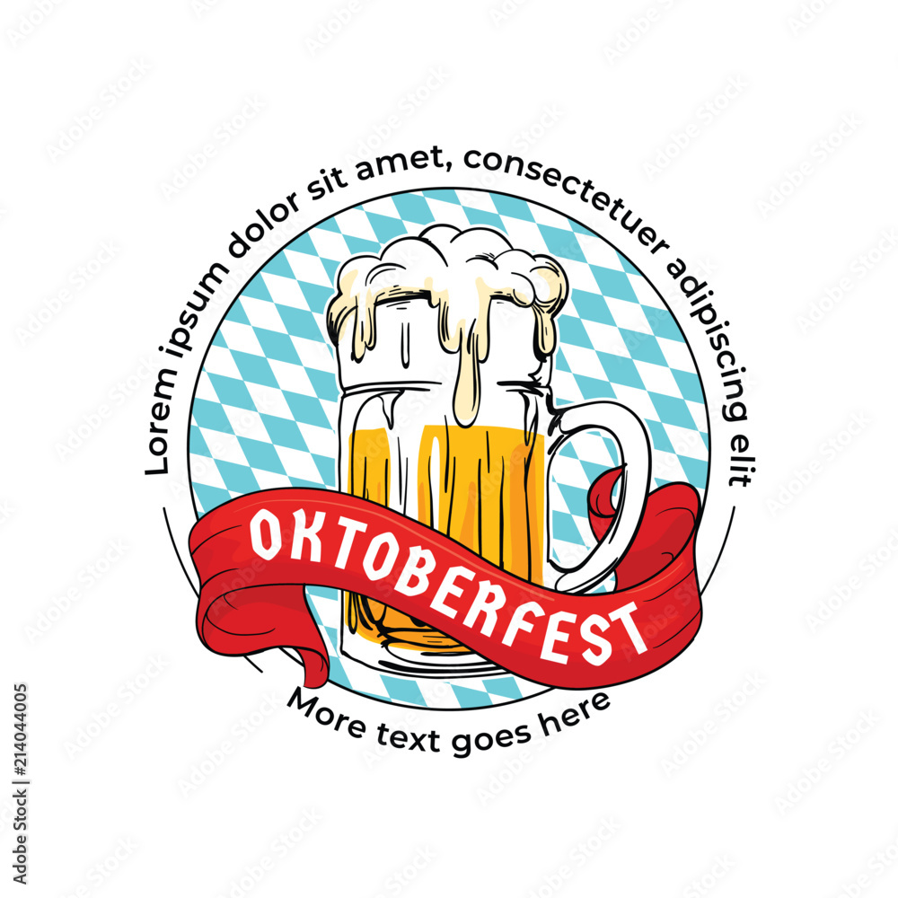 Oktoberfest logo badge. Munich beer festival concept, hand drawn glass beer  mug illustration with bavarian flag background and ribbon design. Retro,  vintage old style design. Stock Vector | Adobe Stock