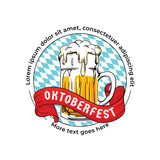 Oktoberfest logo badge. Munich beer festival concept, hand drawn glass beer mug illustration with bavarian flag background and ribbon design. Retro, vintage old style design.