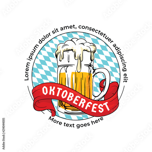 Oktoberfest logo badge. Munich beer festival concept, hand drawn glass beer mug illustration with bavarian flag background and ribbon design. Retro, vintage old style design.