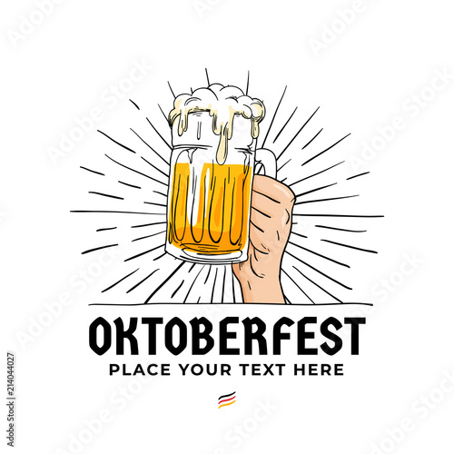 Oktoberfest hand holding beer logo badge. Vintage, old style hand drawn Munich beer festival concept illustration for poster, sticker, banner, vector design.