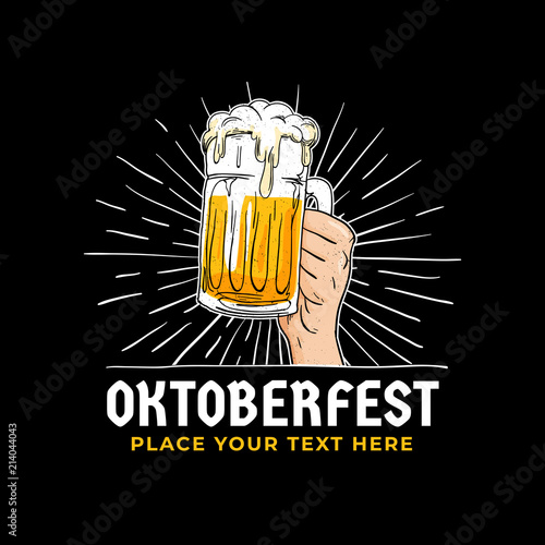 Oktoberfest hand holding beer logo badge with dark black background. Vintage, old style hand drawn Munich beer festival concept illustration for poster, sticker, banner, vector design.